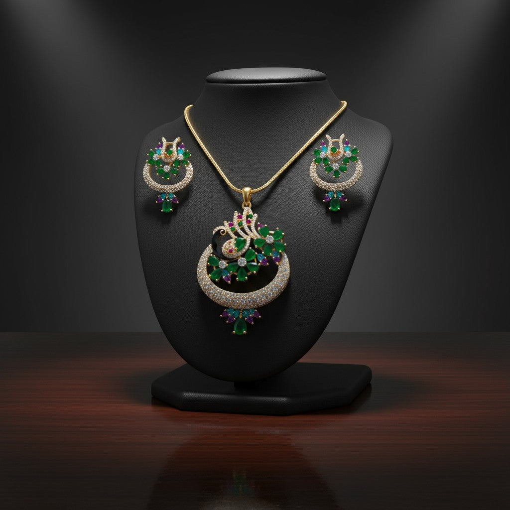 97659-PS-American Diamond Delicate Pendant Set With Gold Plating with Meenakari Green - Ruby