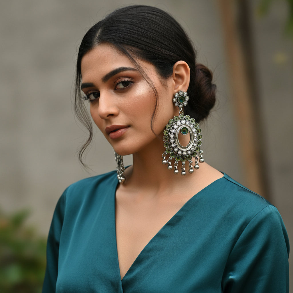 1343-(Design-2)-Pretty Precious Oxidised Silver Peacock Chandbali Earrings for Women, Party Wear Dangle Earrings with Cubic Zirconia Stones, Silver Plating