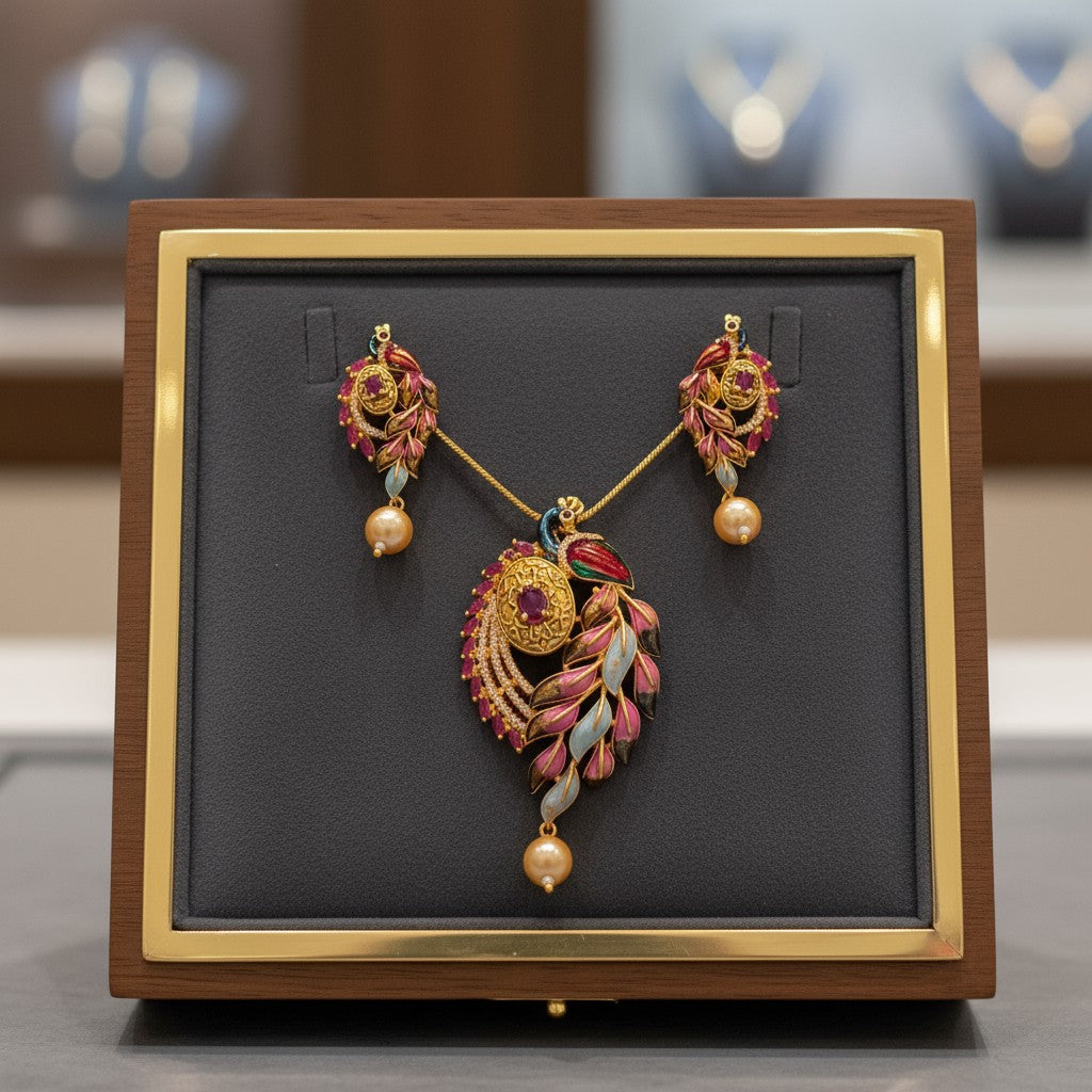 96409-PS-American Diamond Delicate Pendant Set With Gold Plating with Meenakari