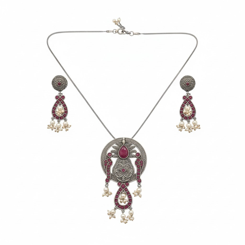EOX35350 Pendant Set With Oxidized Plating-Ruby