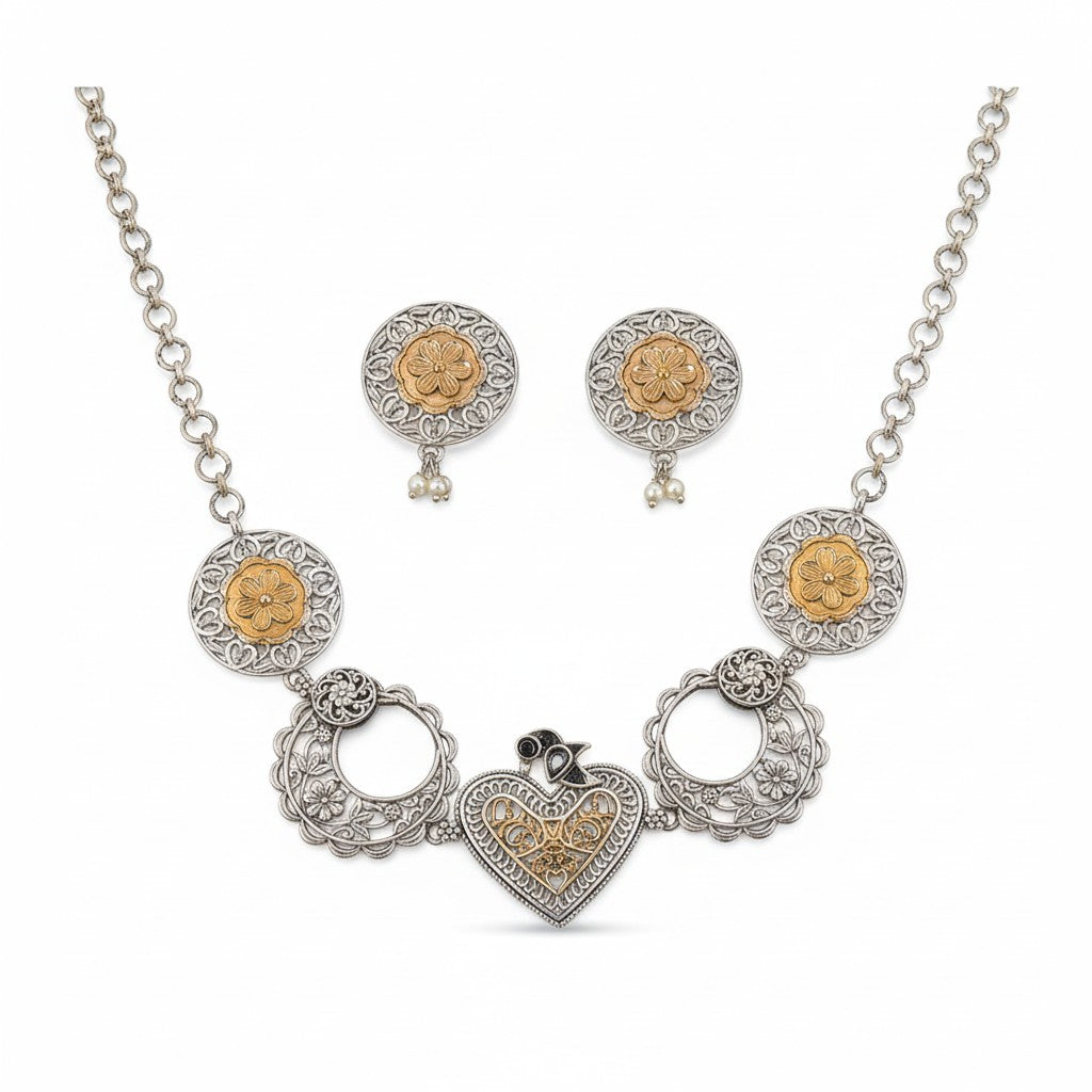 803792 Oxidised Delicate Necklace With 2 Tone Plating