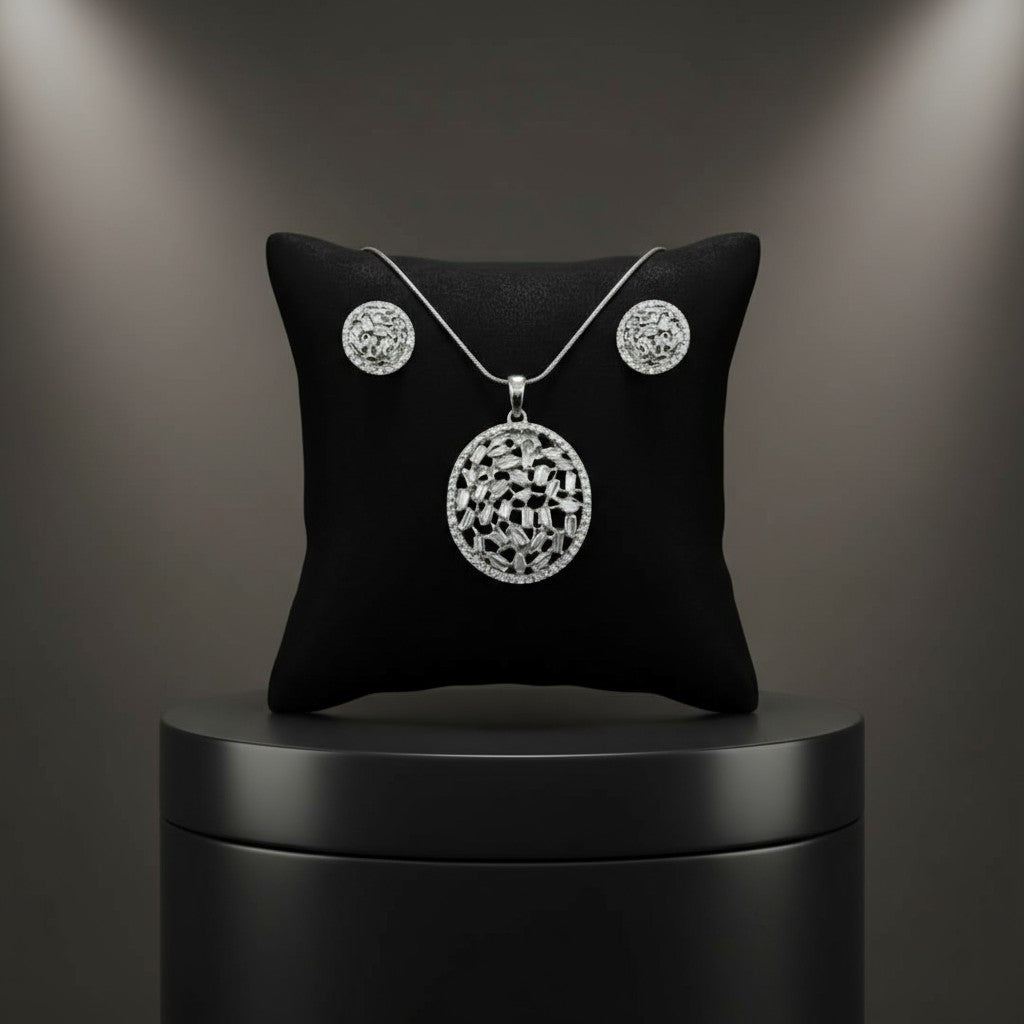 91909-PS-American Diamond Delicate Pendant Set With Rhodium Plating-Design 2