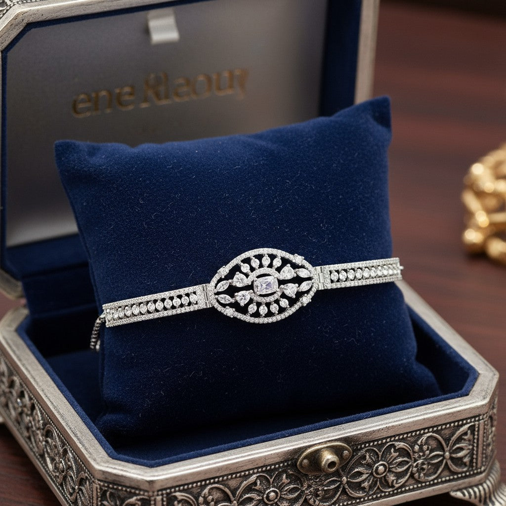 439753 Cubic Zirconia Adjustable Bracelet With Rhodium 2 Tone Plating-Silver