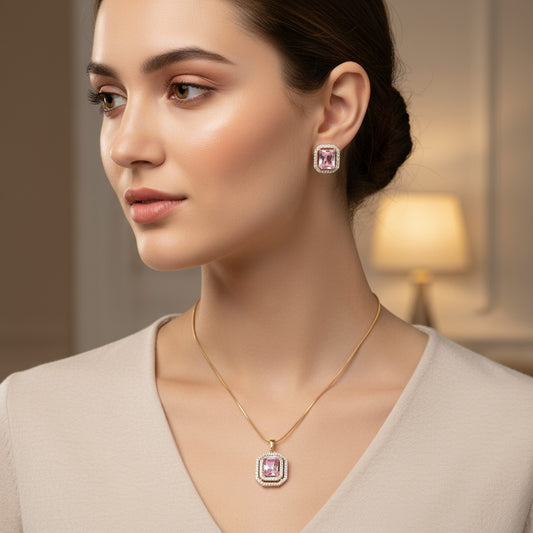 431223-American Diamond Delicate Pendant Set With Gold Plating-Hydra Pink
