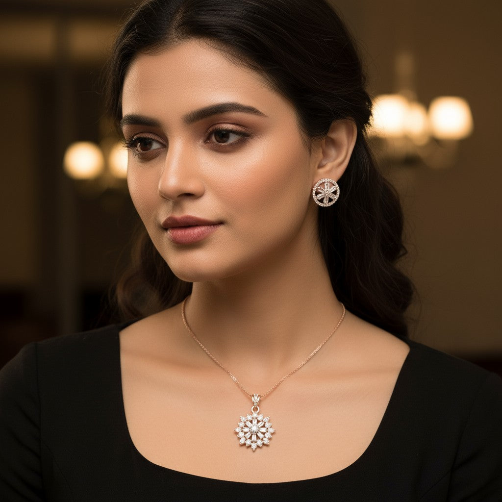 92009-PS-American Diamond Delicate Pendant Set With Rhodium Plating-Design 2