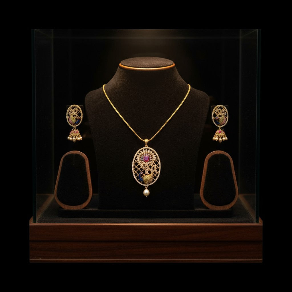 98759-PS-American Diamond Delicate Pendant Set With Gold Plating with Meenakari