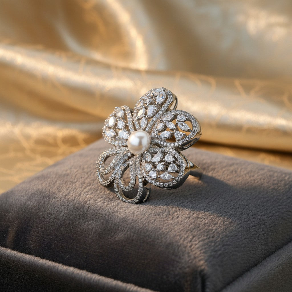 430392-Cubic Zirconia Adjustable Ring With Black 2 Tone Rhodium Plating-Silver