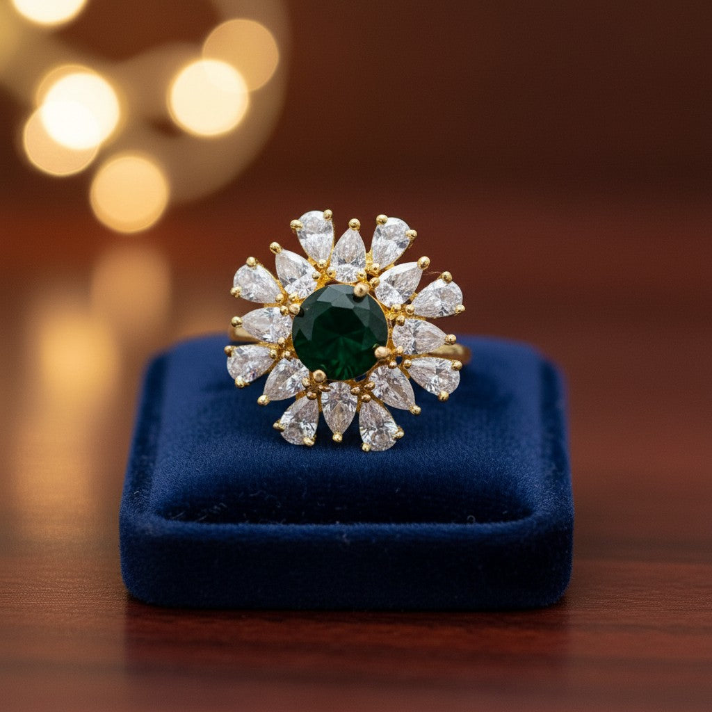 438613 Cz Adjustable Ring With Gold Plating-Green