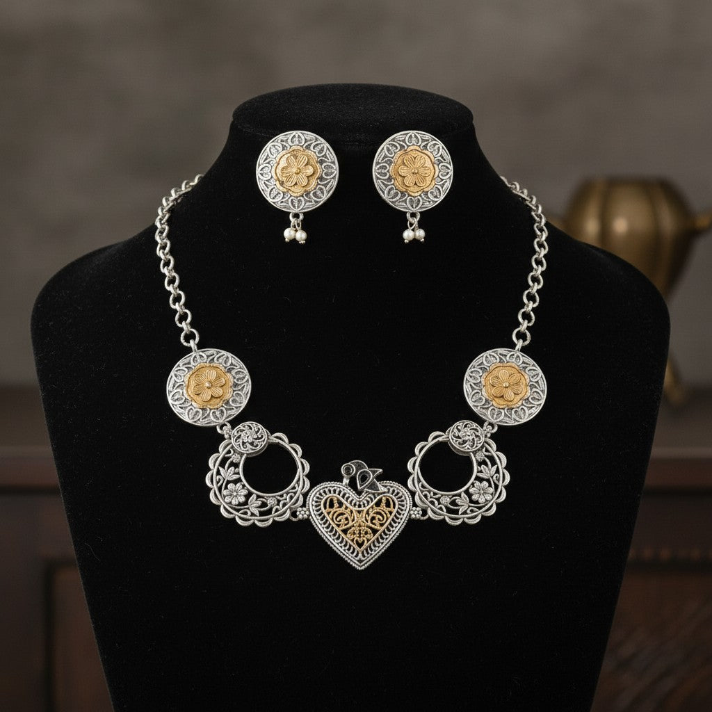 803792 Oxidised Delicate Necklace With 2 Tone Plating