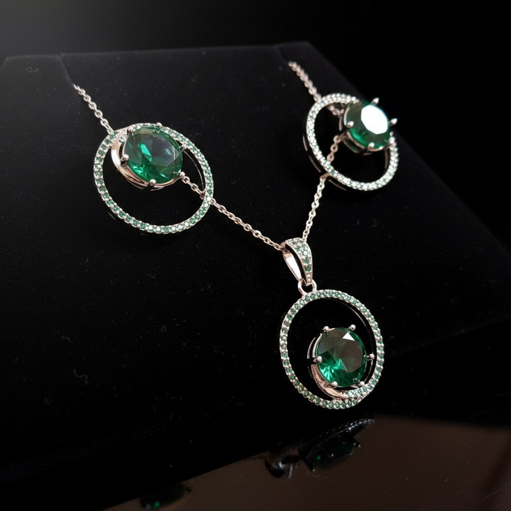 92959-PS-American Diamond Delicate Pendant Set With Rhodium Plating-Green
