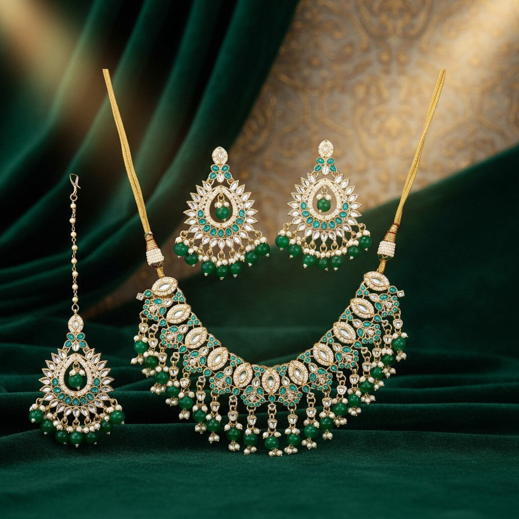 110784 Indo Western Kundan Necklace With Gold Plating-Green