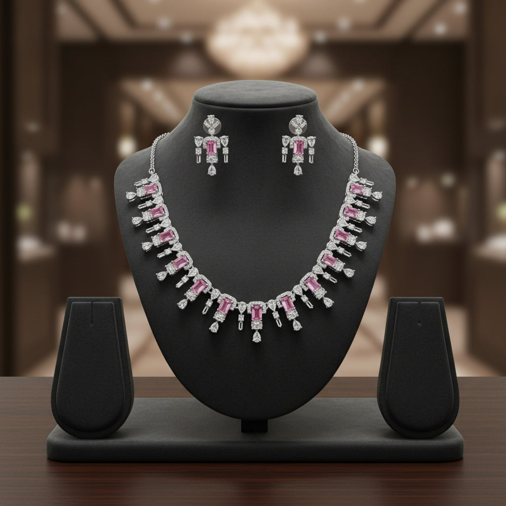 96209-NS Cz Delicate Necklace-Pink
