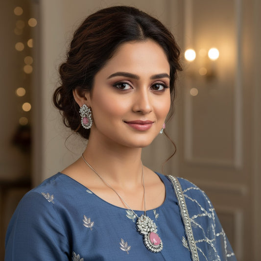 97459-PS-American Diamond Delicate Pendant Set With Rhodium Plating-Pink Semi precious stone