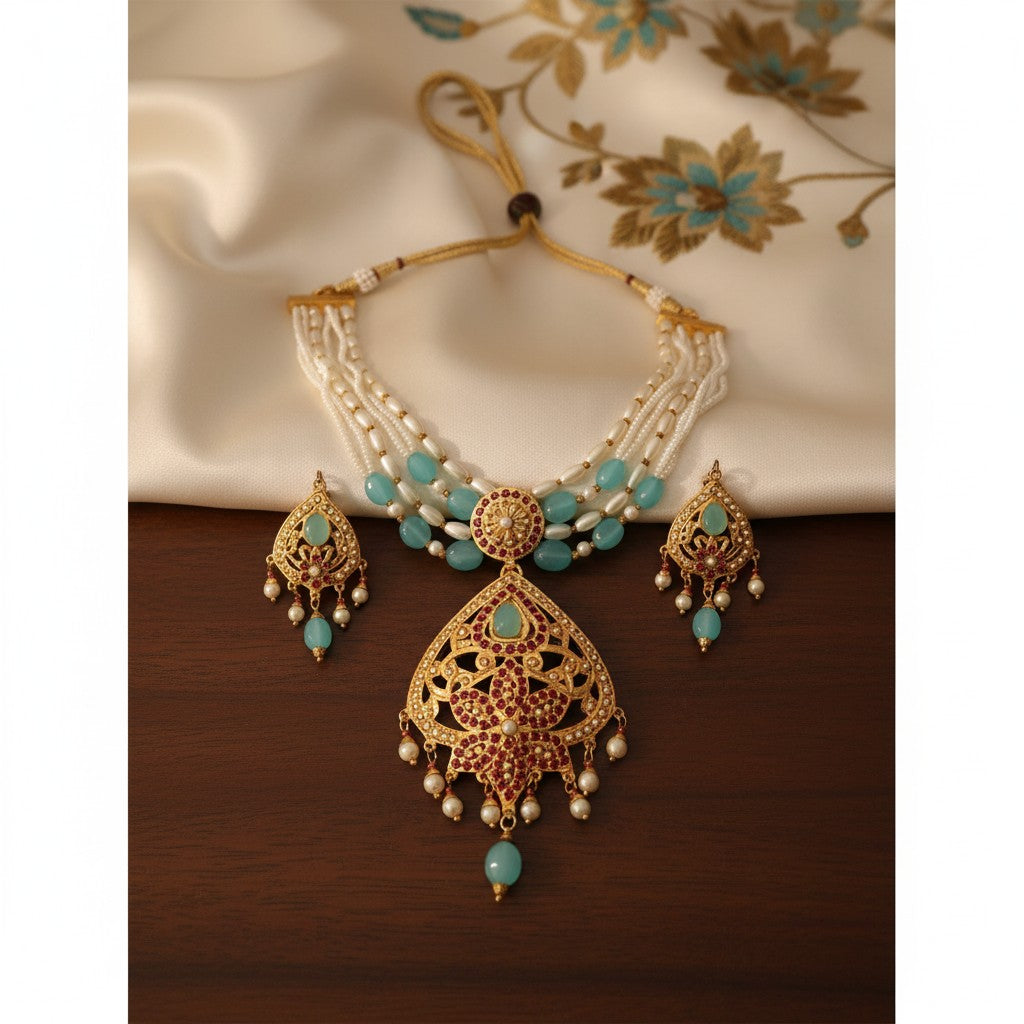 MJ-NS-922009 - Jadau Neckles Set Choker 1gm 24K Gold Plating-Blue