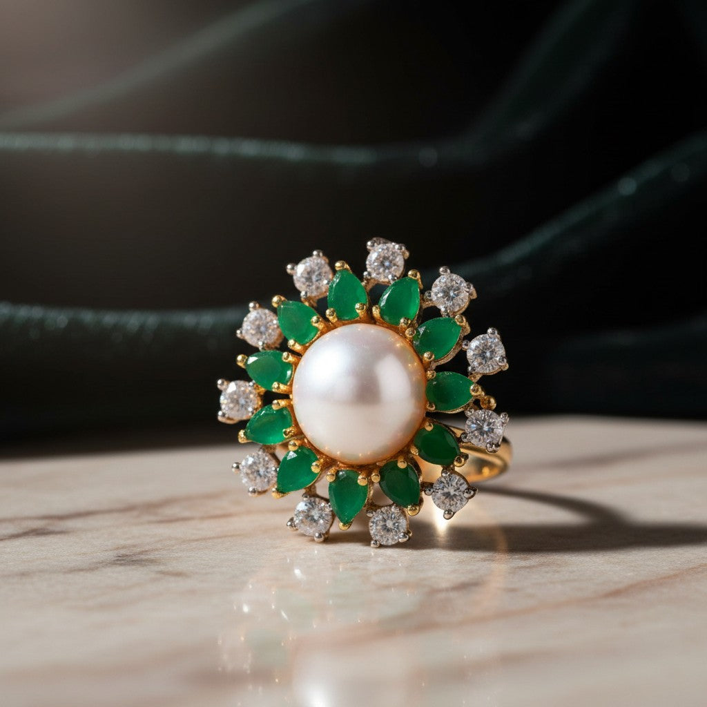 438412 Cz Classic Ring With 2 Tone Plating-Green