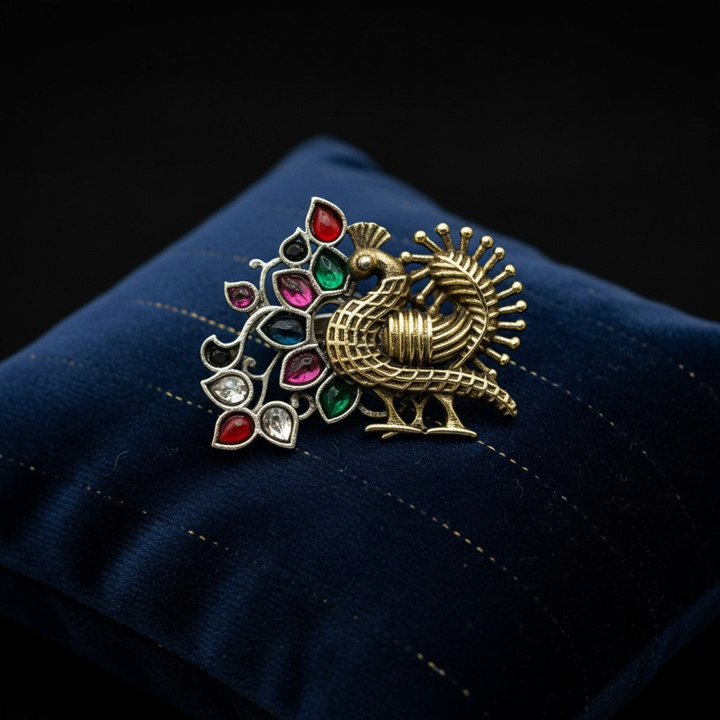 809590 Oxidised Adjustable Ring With 2 Tone Plating