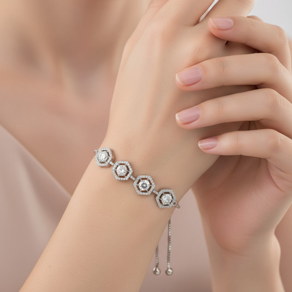 438334 Cz Adjustable Bracelet With 2 Tone Rhodium Plating-Silver