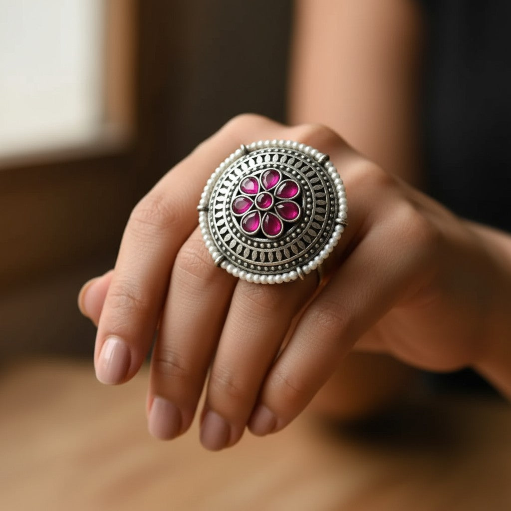 809589 Oxidised Adjustable Ring With 2 Tone Plating