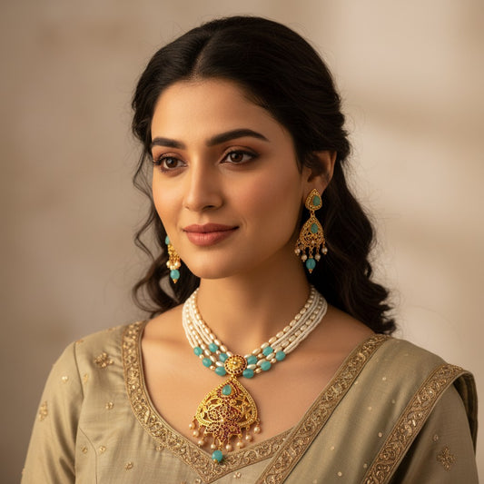 MJ-NS-922009 - Jadau Neckles Set Choker 1gm 24K Gold Plating-Blue