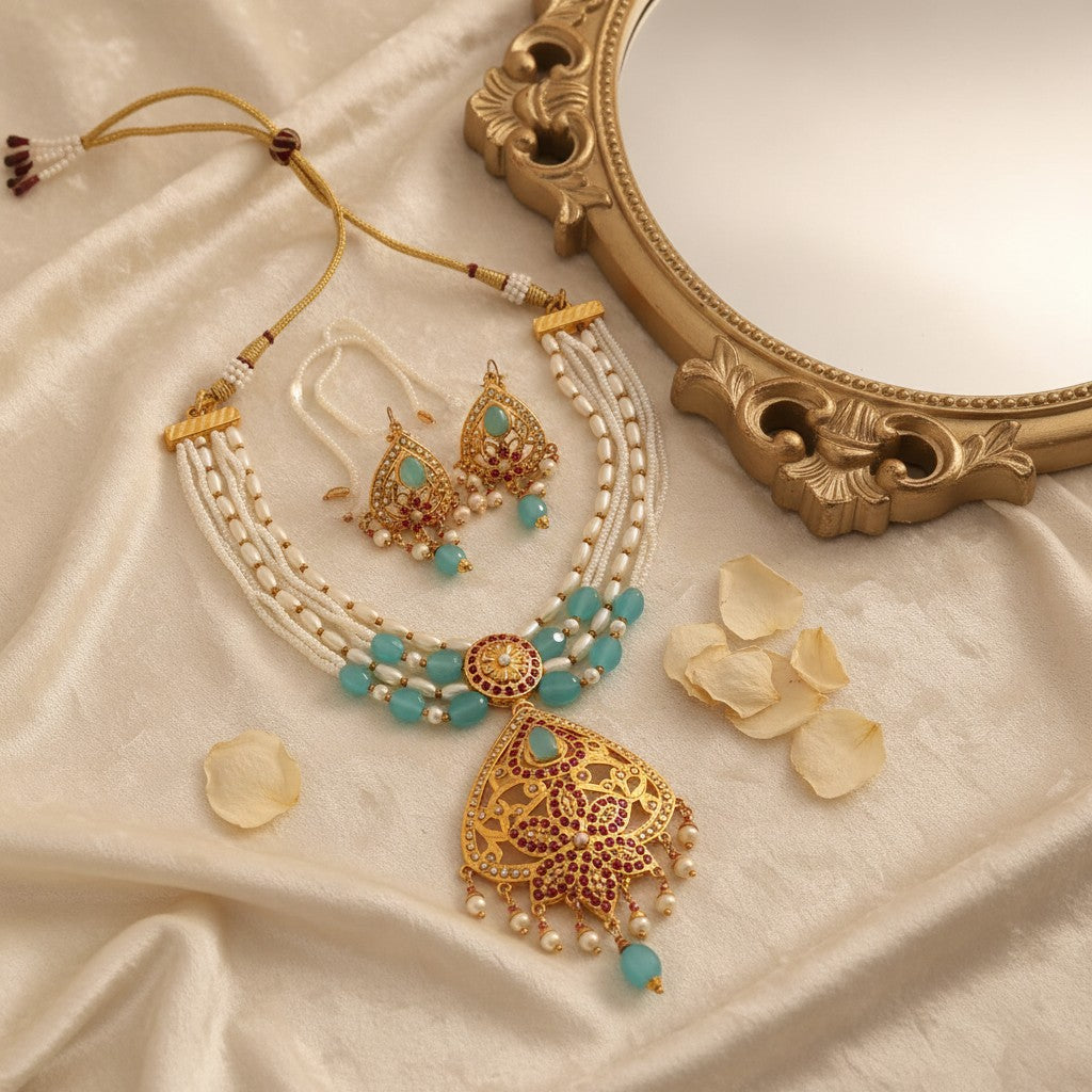 MJ-NS-922009 - Jadau Neckles Set Choker 1gm 24K Gold Plating-Blue