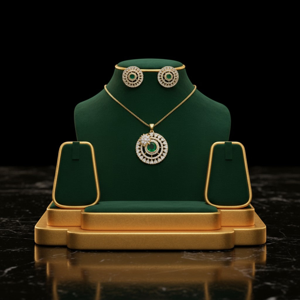 1060-American Diamond Delicate Pendant Set -Green