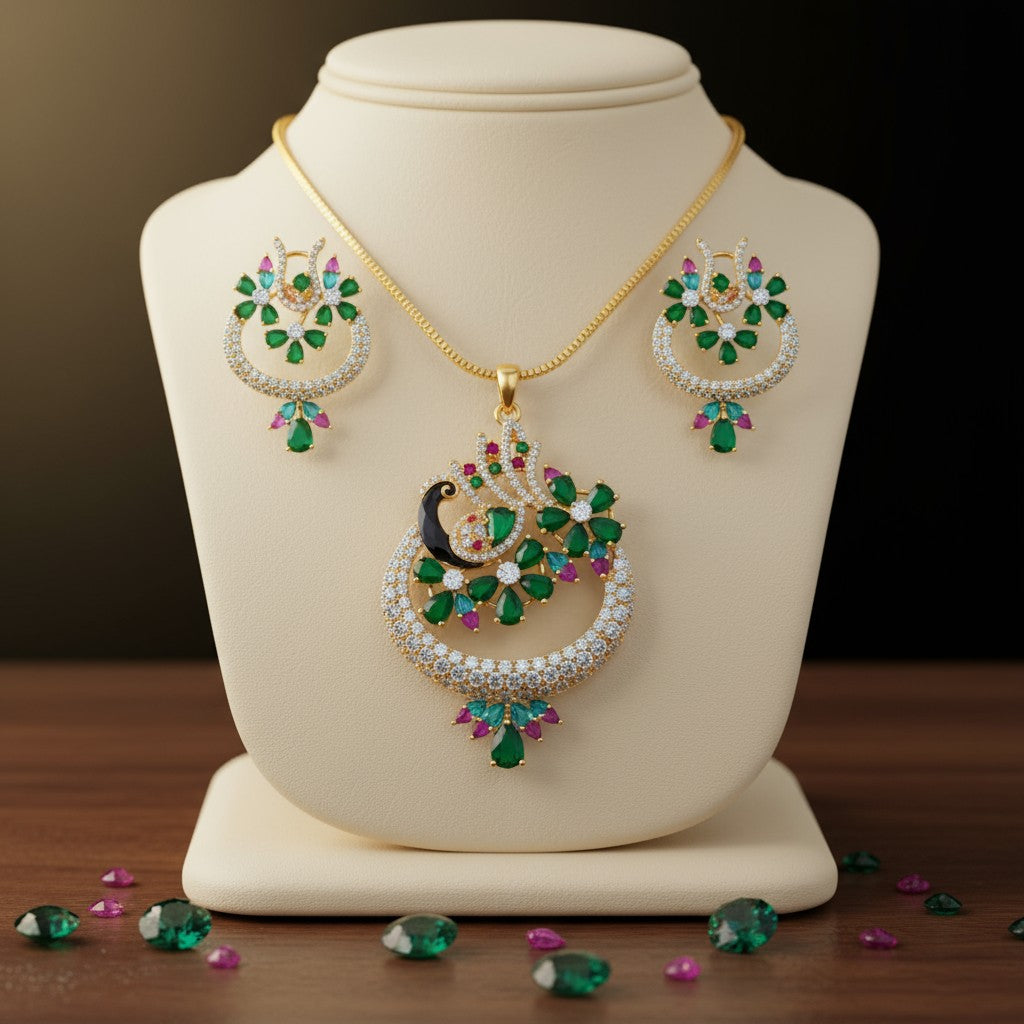 97659-PS-American Diamond Delicate Pendant Set With Gold Plating with Meenakari Green - Ruby
