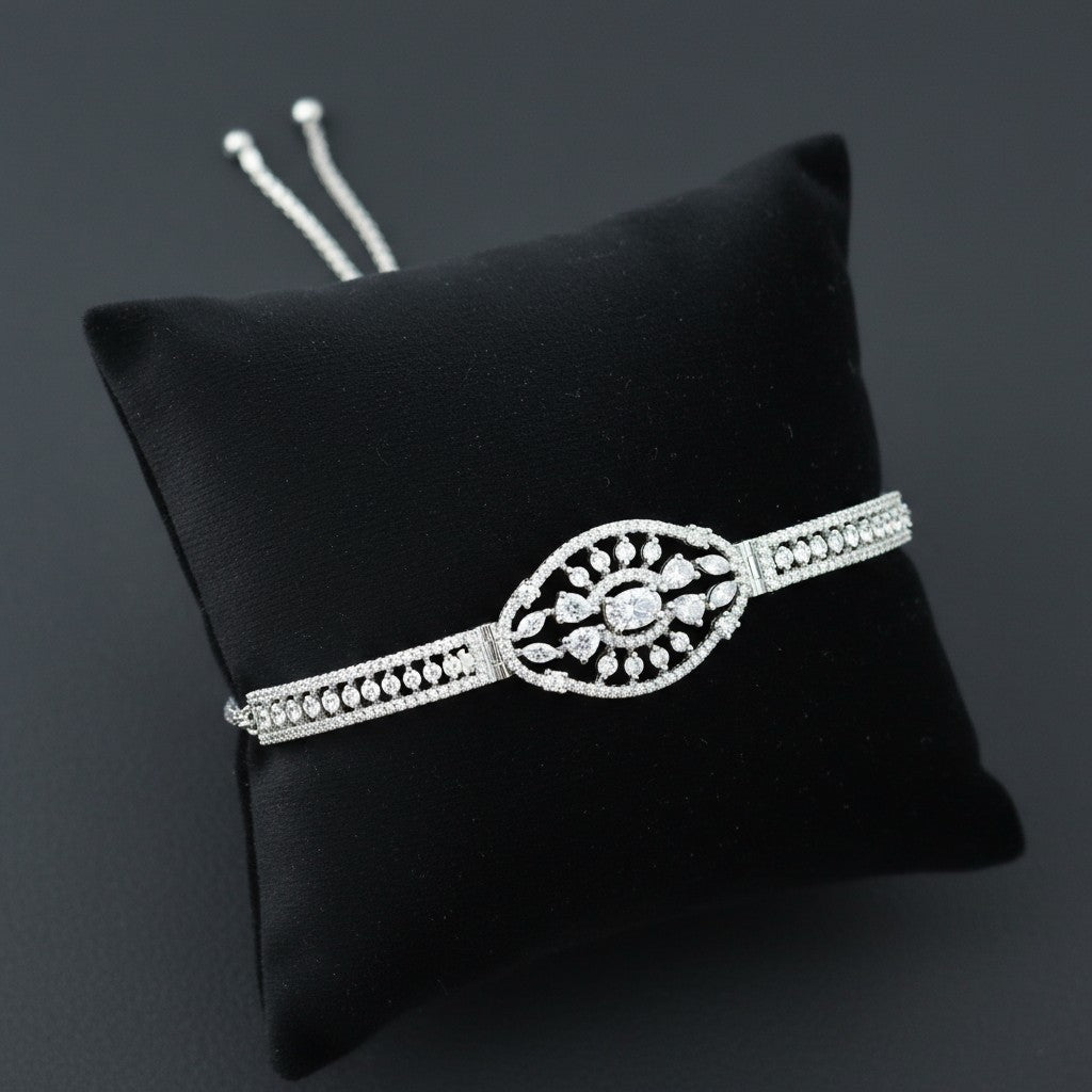 439753 Cubic Zirconia Adjustable Bracelet With Rhodium 2 Tone Plating-Silver
