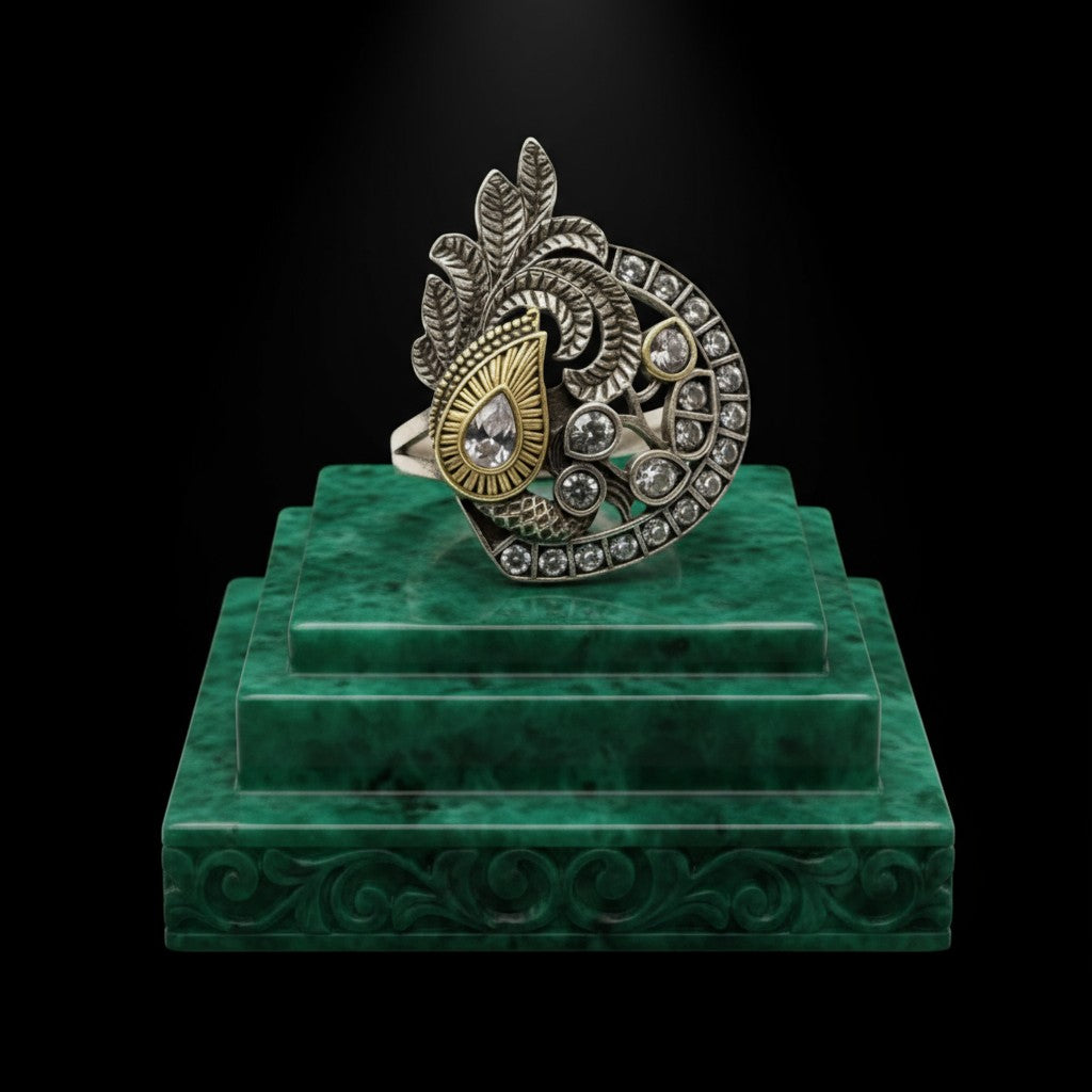 809630 Oxidised Adjustable Ring With 2 Tone Plating-White