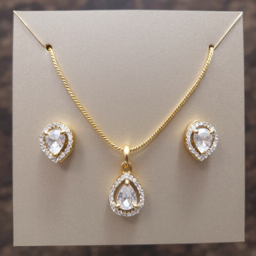 91609-PS-American Diamond Delicate Pendant Set With Gold Plating-Design 5