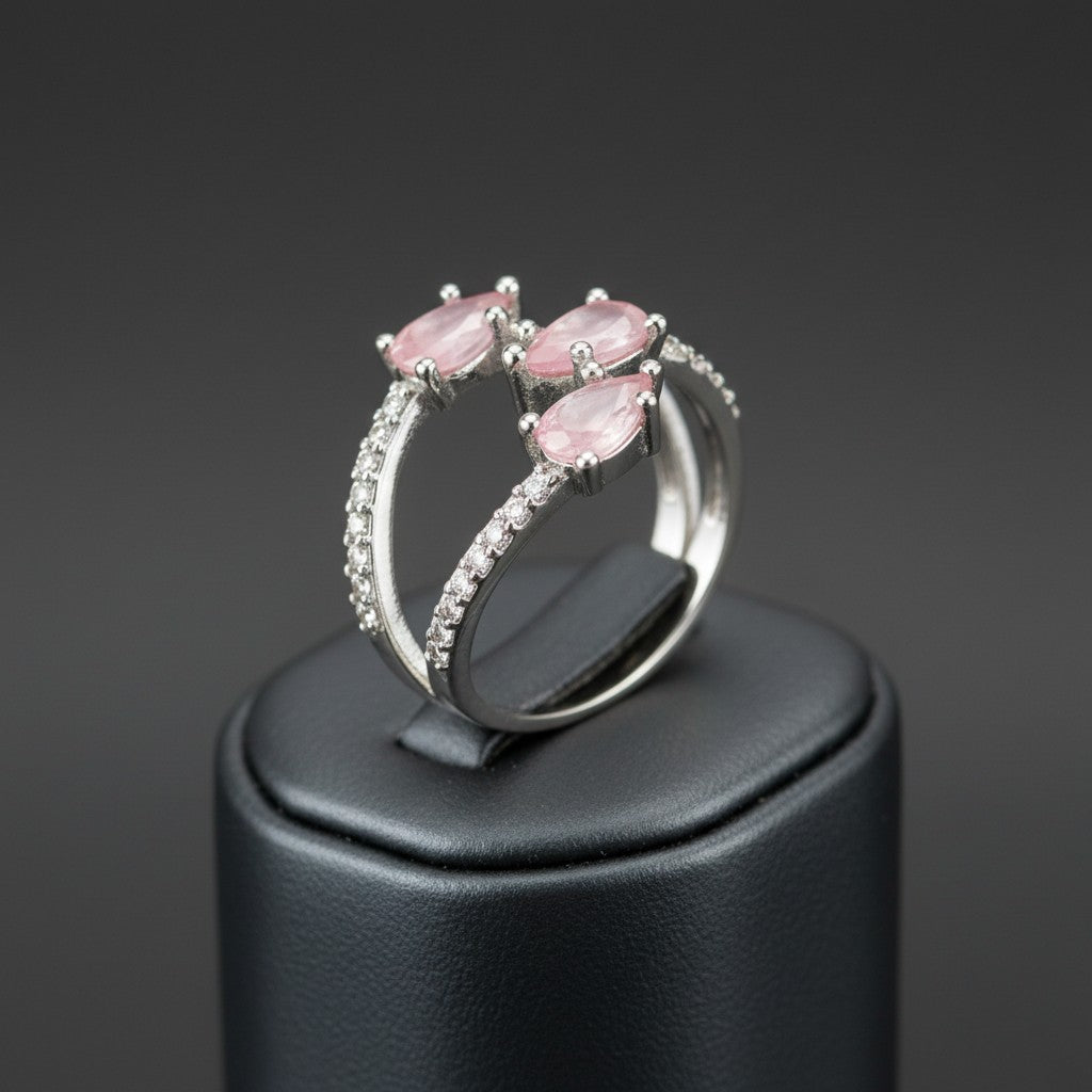 437886 Cubic Zirconia Adjustable Ring With Rhodium Plating-Pink