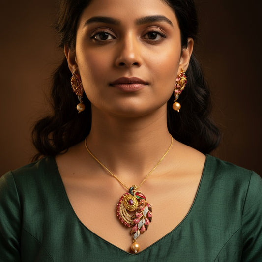 96409-PS-American Diamond Delicate Pendant Set With Gold Plating with Meenakari