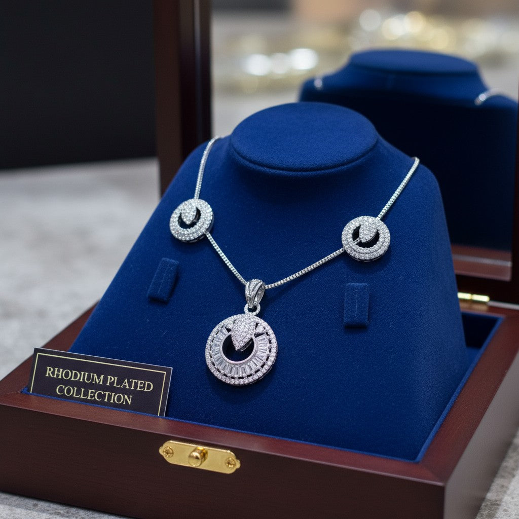 92259-PS-American Diamond Delicate Pendant Set With Rhodium Plating-Design 4
