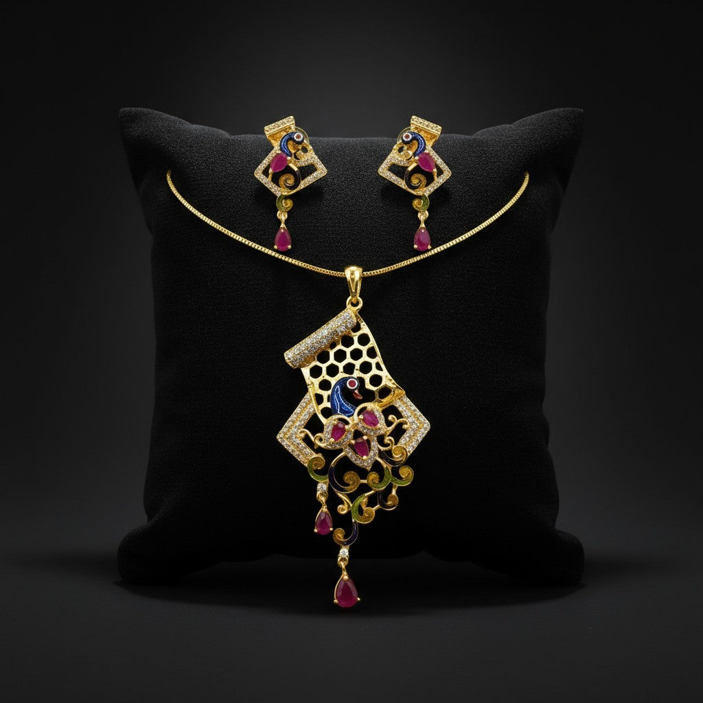1056-American Diamond Delicate Pendant Set -Ruby