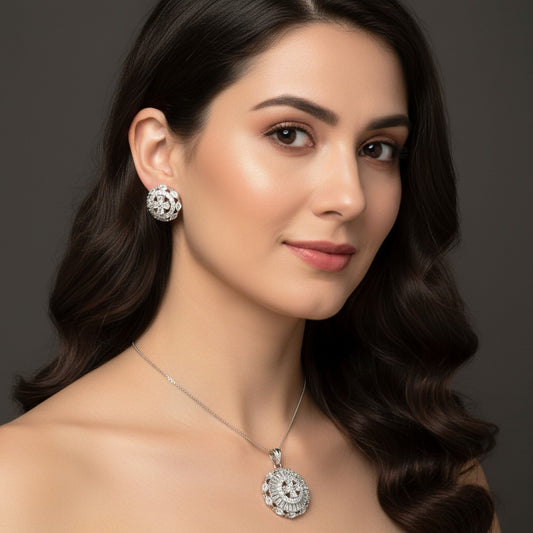 92209-PS-American Diamond Delicate Pendant Set With Rhodium Plating-White