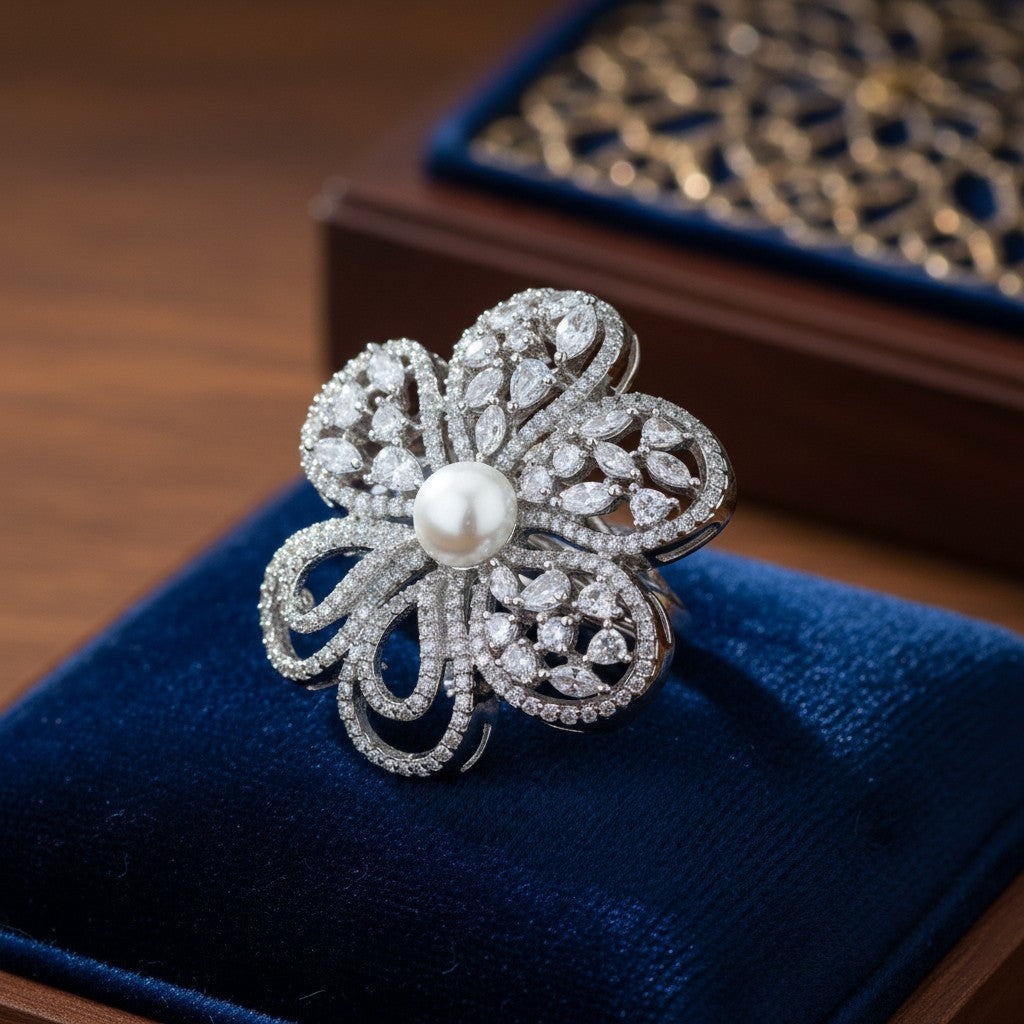 430392-Cubic Zirconia Adjustable Ring With Black 2 Tone Rhodium Plating-Silver