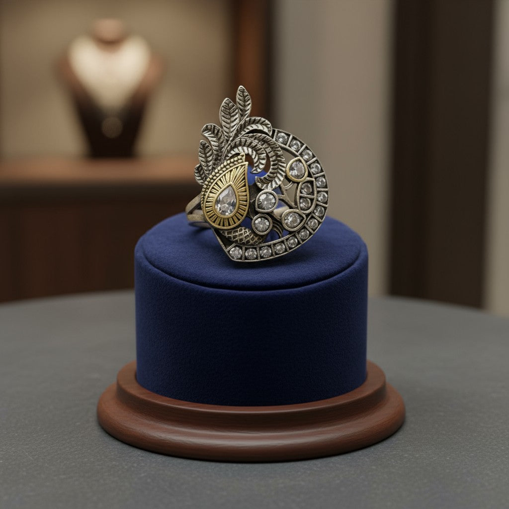 809630 Oxidised Adjustable Ring With 2 Tone Plating-White