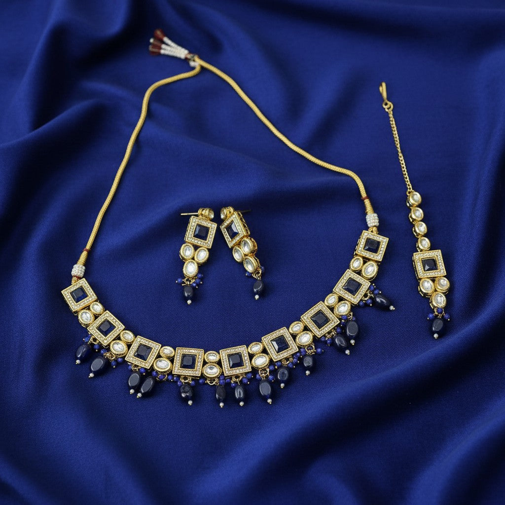 25925 Necklace Set-Indowestern Dark Blue