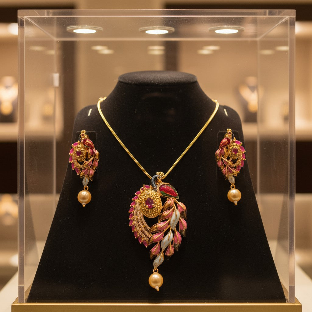 96409-PS-American Diamond Delicate Pendant Set With Gold Plating with Meenakari