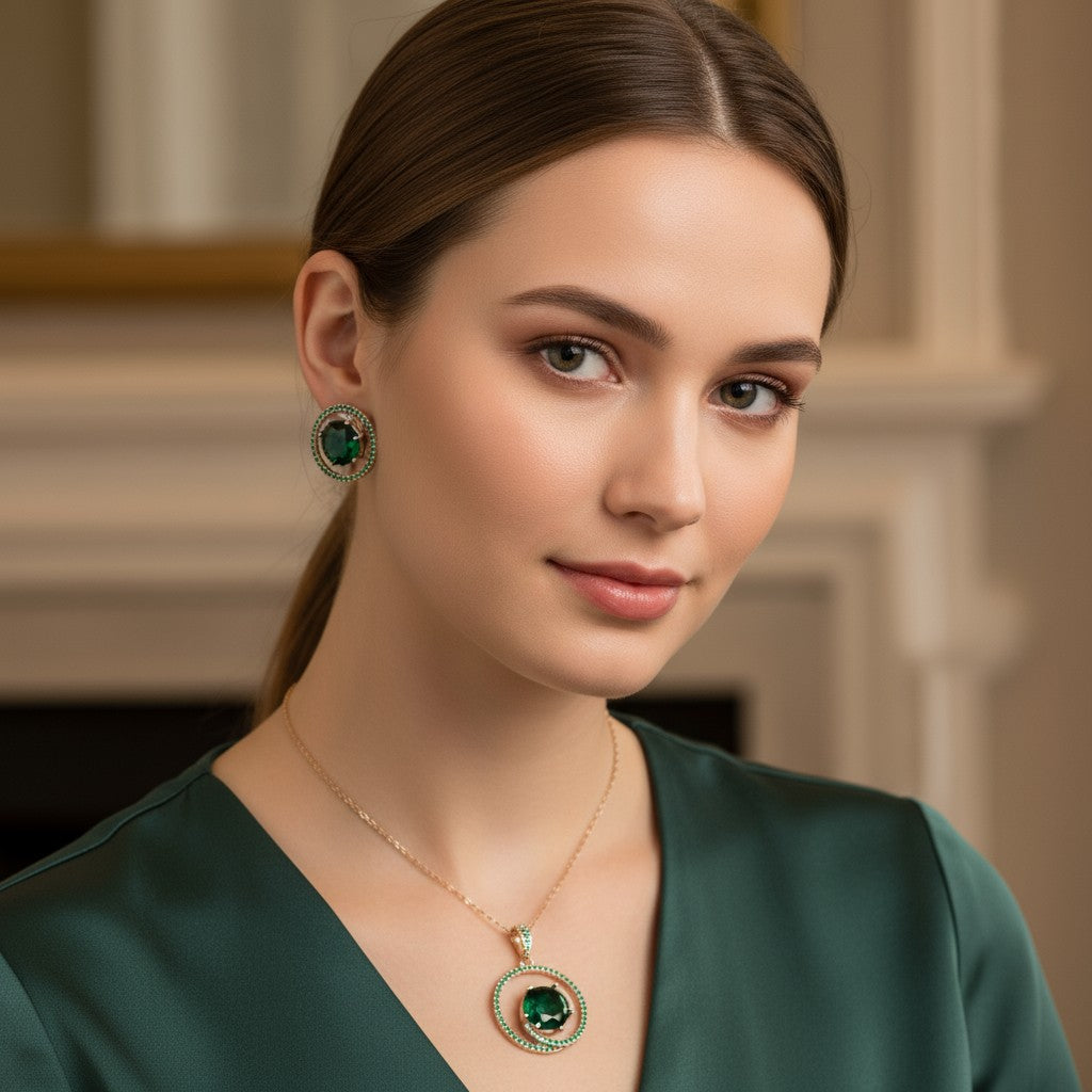 92959-PS-American Diamond Delicate Pendant Set With Rhodium Plating-Green