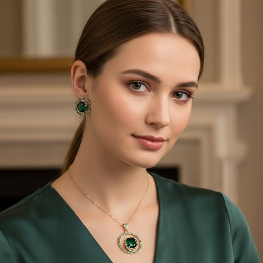92959-PS-American Diamond Delicate Pendant Set With Rhodium Plating-Green