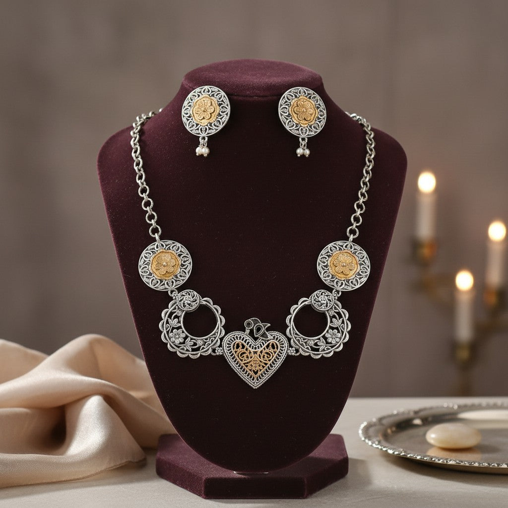 803792 Oxidised Delicate Necklace With 2 Tone Plating
