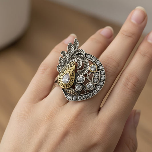 809630 Oxidised Adjustable Ring With 2 Tone Plating-White