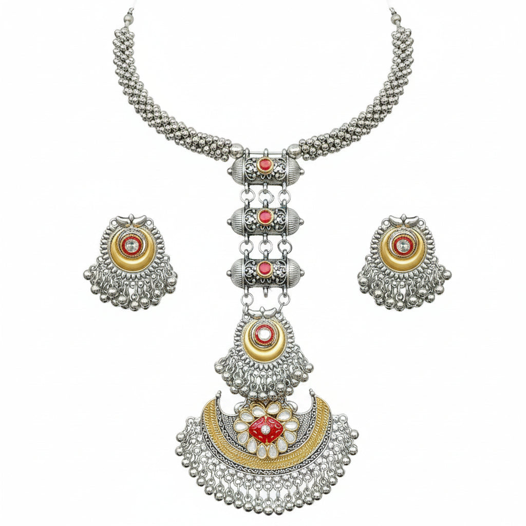 1546-Pretty Precious Latest Stylish Traditional Oxidised Silver Necklace Jewellery Set for Women | Antique Finish Ethnic Necklace with Earrings | Festive & Party Wear-Yellow with Orange (Hasli Style)