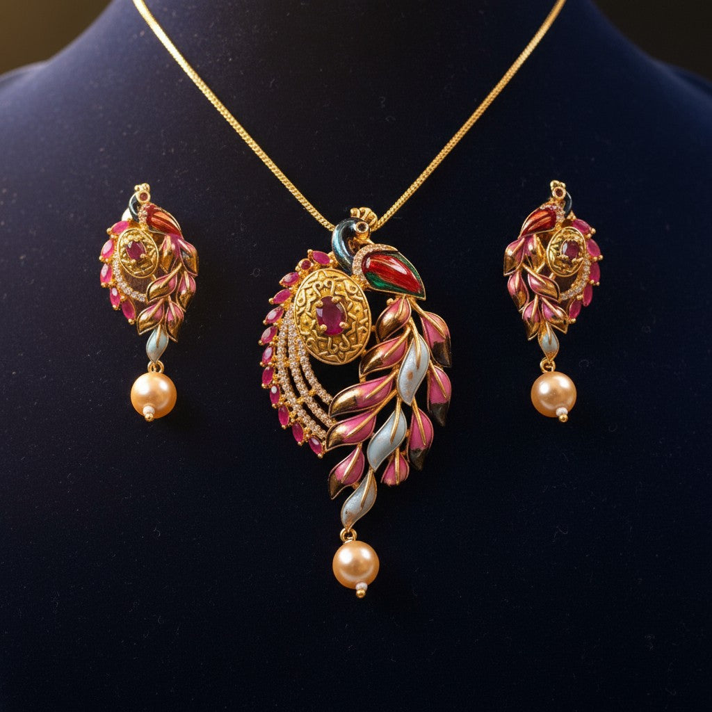 96409-PS-American Diamond Delicate Pendant Set With Gold Plating with Meenakari