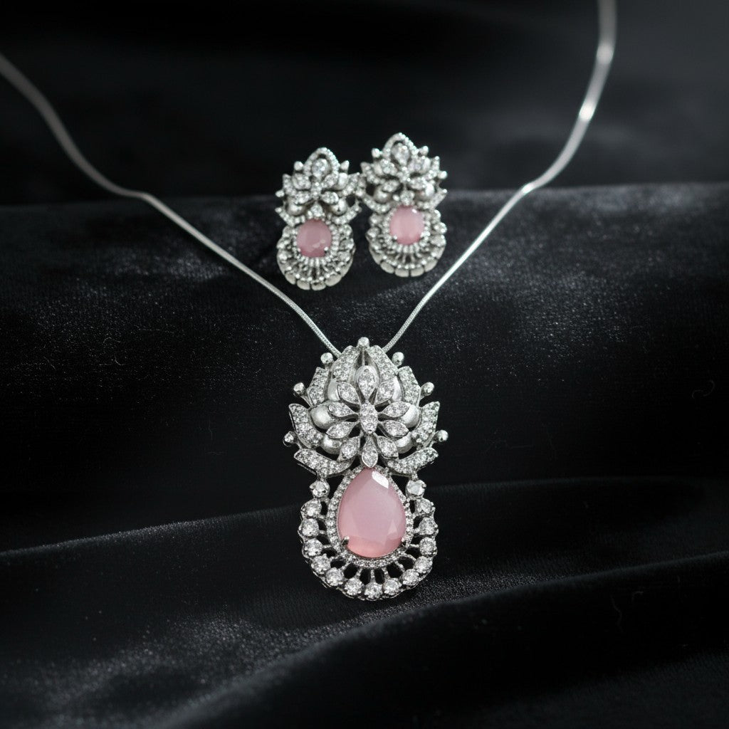 97459-PS-American Diamond Delicate Pendant Set With Rhodium Plating-Pink Semi precious stone
