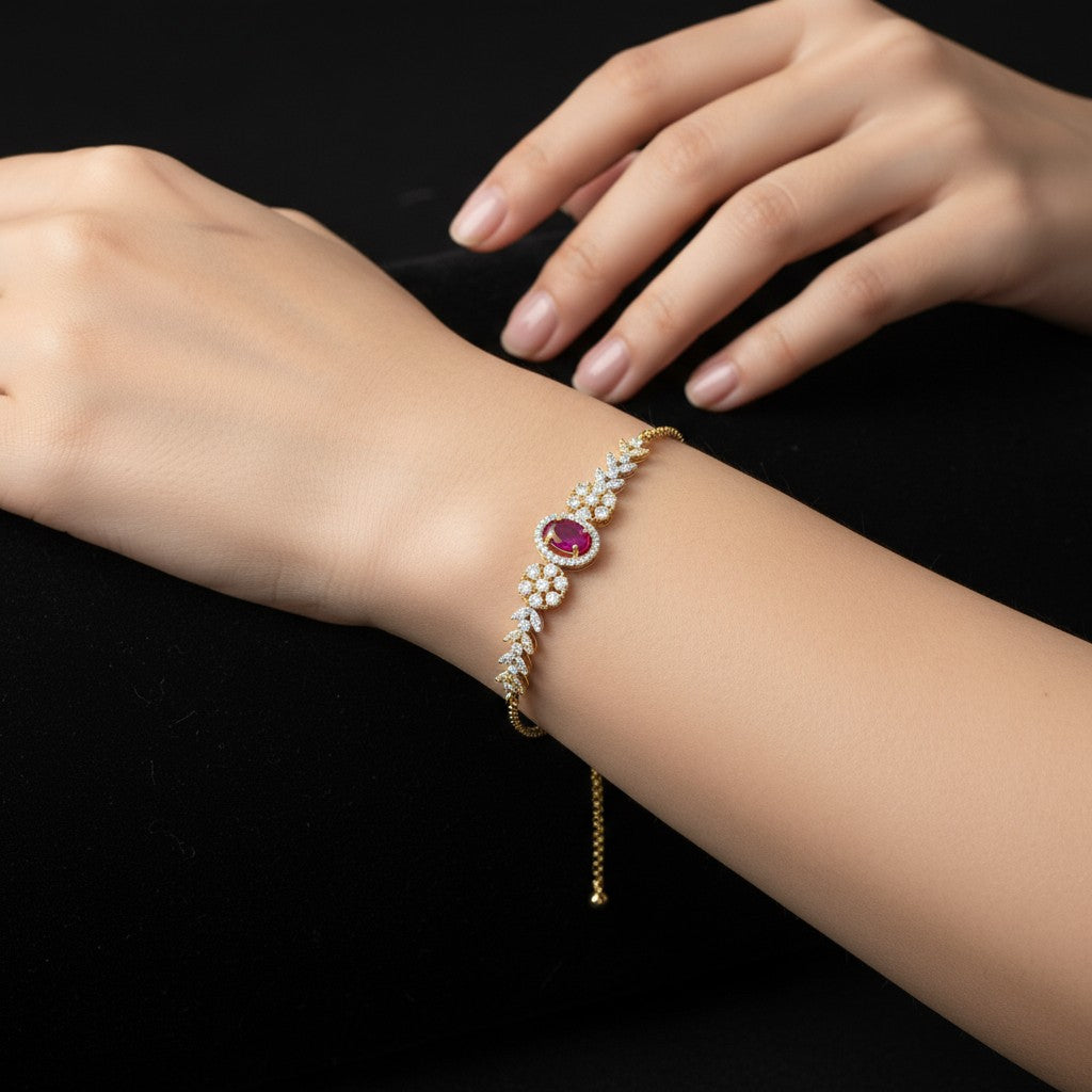 439543 Cubic Zirconia Adjustable Bracelet With 2 Tone Plating-Ruby