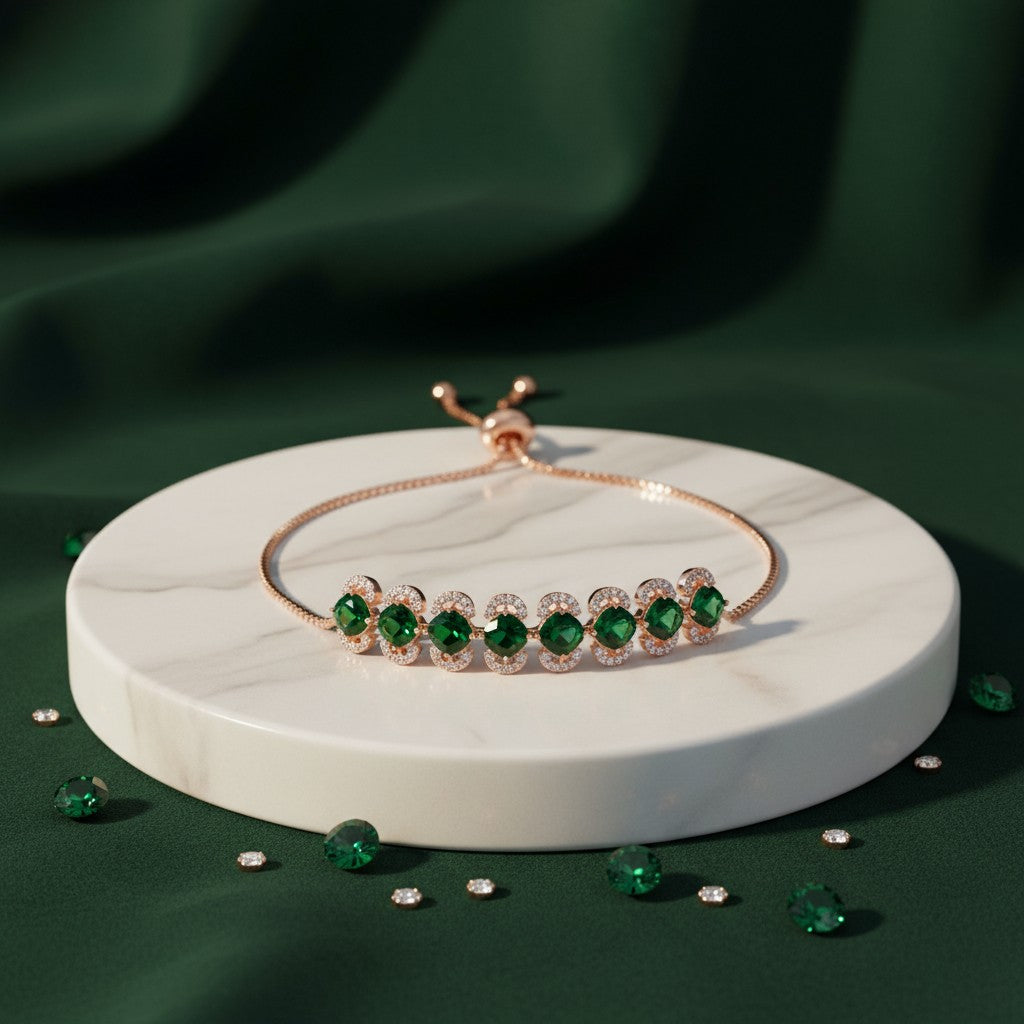 437731 Cubic Zirconia Adjustable Bracelet With Rhodium Plating-Green