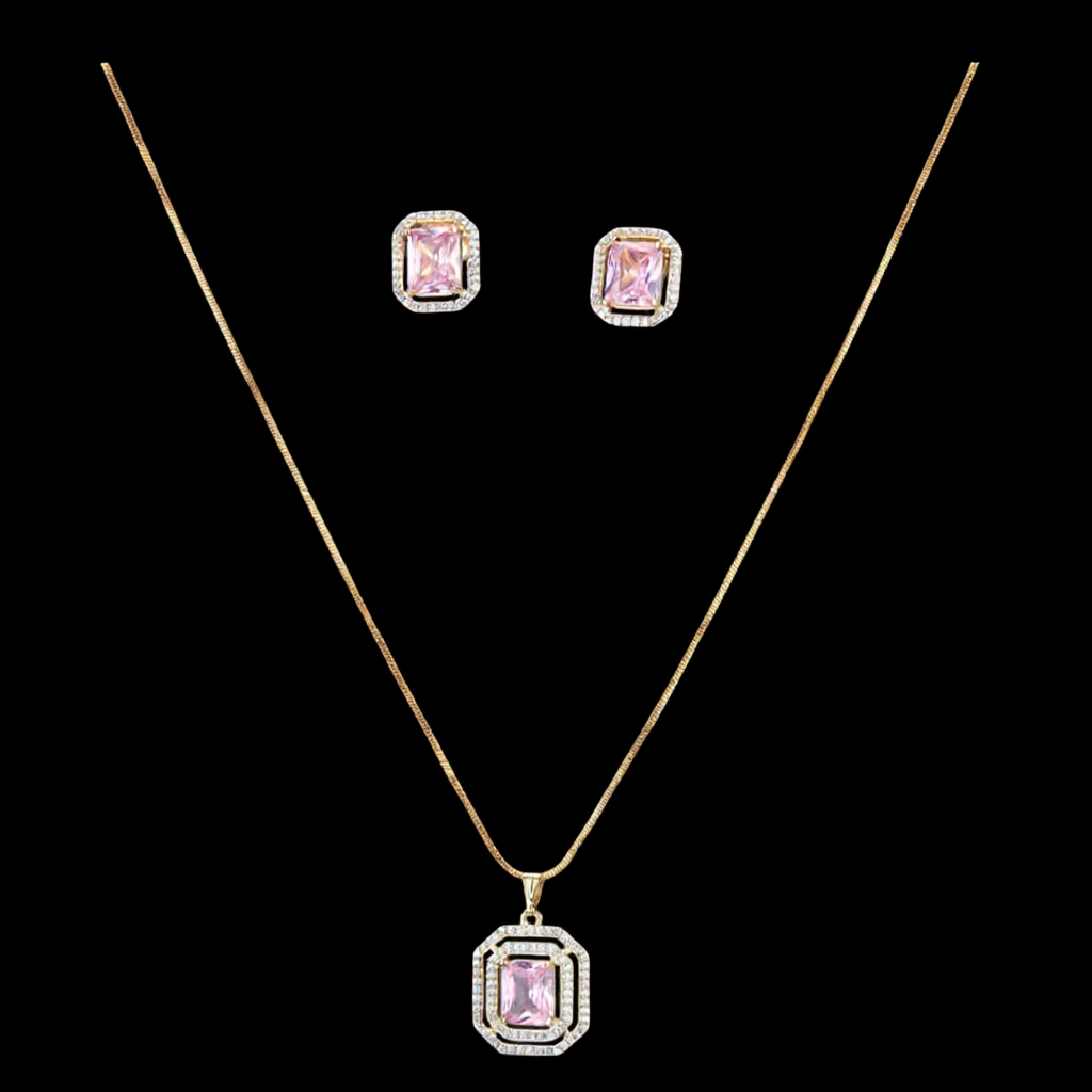431223-American Diamond Delicate Pendant Set With Gold Plating-Hydra Pink