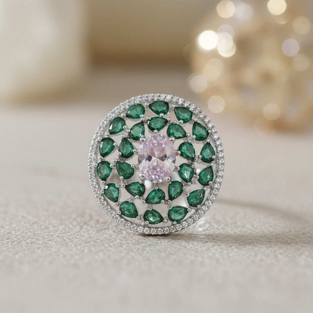 5093 Cz Adjustable Ring Green