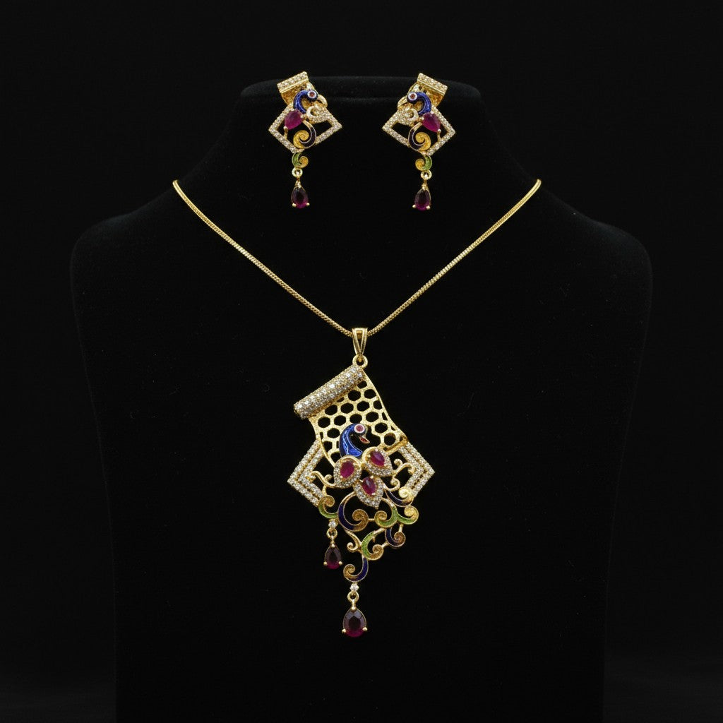 1056-American Diamond Delicate Pendant Set -Ruby